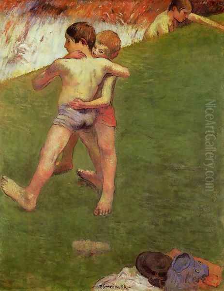 Breton Boys Wrestling Oil Painting by Paul Gauguin