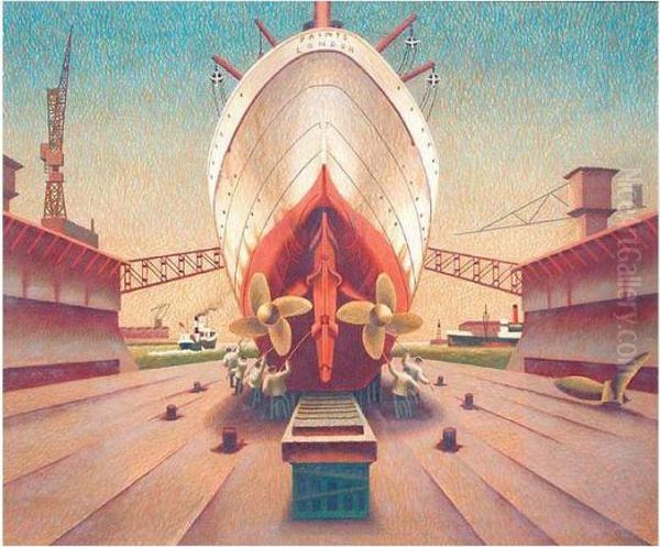 Ship In Dry Dock Oil Painting by Edward Wadsworth