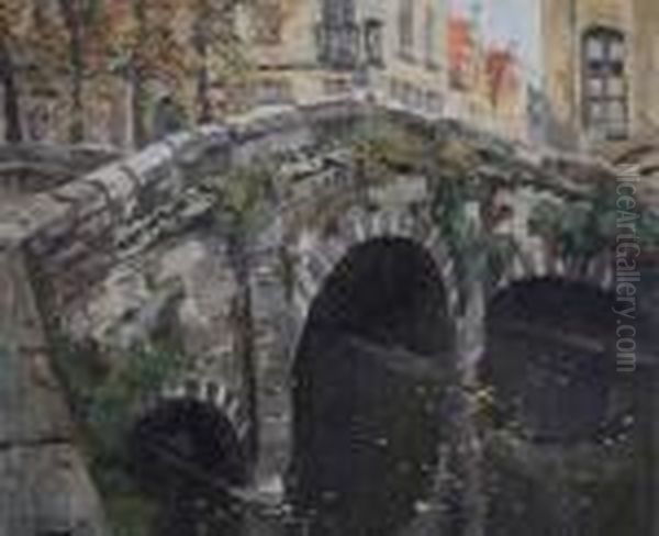 Canal View With Bridge In Bruges Oil Painting by Victor Wagemaekers