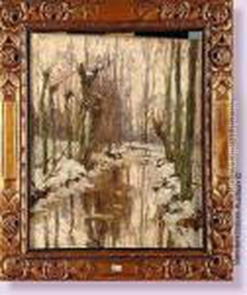 Ruisseau En Foret Sous La Neige Oil Painting by Victor Wagemaekers