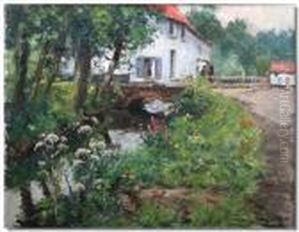 Continental Village With Stream In The Foreground Oil Painting by Victor Wagemaekers