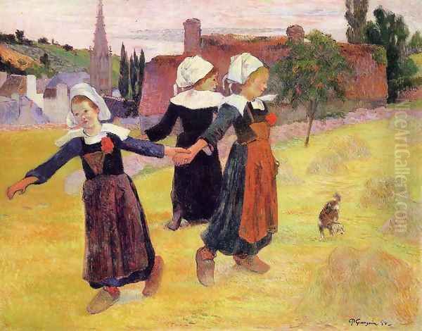 Breton Girls Dancing Aka Dancing A Round In The Haystacks Oil Painting by Paul Gauguin