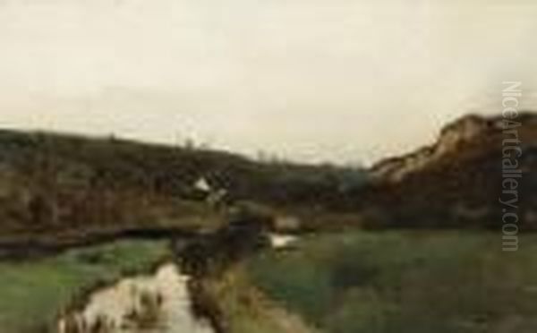 An Extensive River Landscape With A Farmhouse In A Valley Oil Painting by Maurice Wagemans