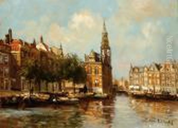 View Of The Munttoren In Amsterdam Oil Painting by Pieter Johannes Al. Wagemans