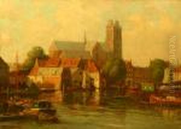 Gezicht Op De Grote Kerkbuurt Te Dordrecht. Gesigneerd Oil Painting by Pieter Johannes Al. Wagemans