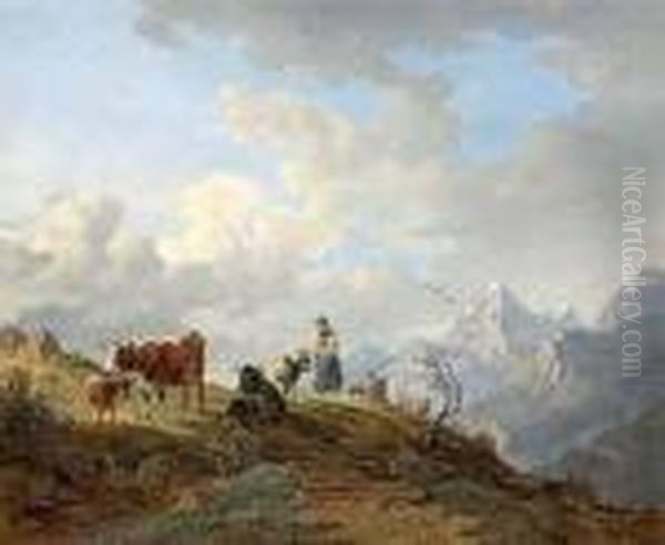 Sennerin Mit Kuhen Und Einer Ziege Auf Einer Almwiese. Oil Painting by Max Joseph Wagenbauer