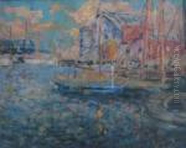 Harbor Scene Oil Painting by Frederick R. Wagner