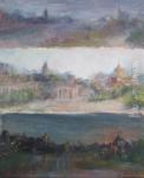 Panoramic Views Of Philadelphia (triptych) Oil Painting by Frederick R. Wagner