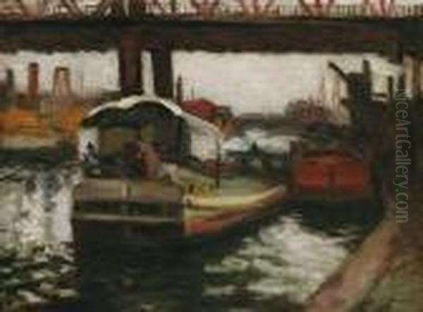 Barges By A Bridge, Philadelphia Oil Painting by Frederick R. Wagner