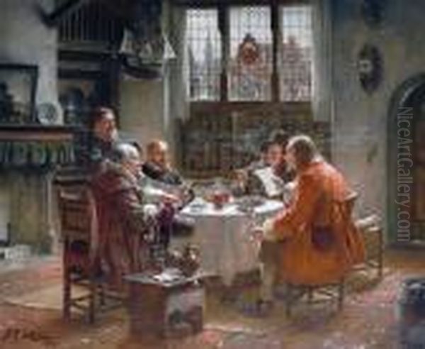 A Working Lunch Oil Painting by Fritz Wagner