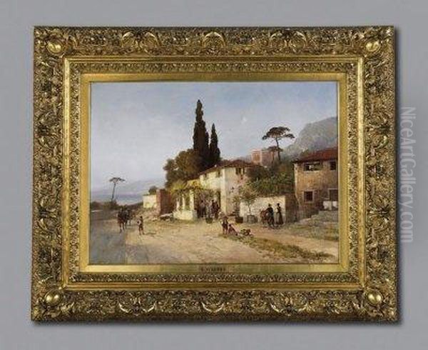 Italian Coastal Street On The Riviera. Signed Bottom Right: Karl Wagner Oil Painting by Carl Wagner