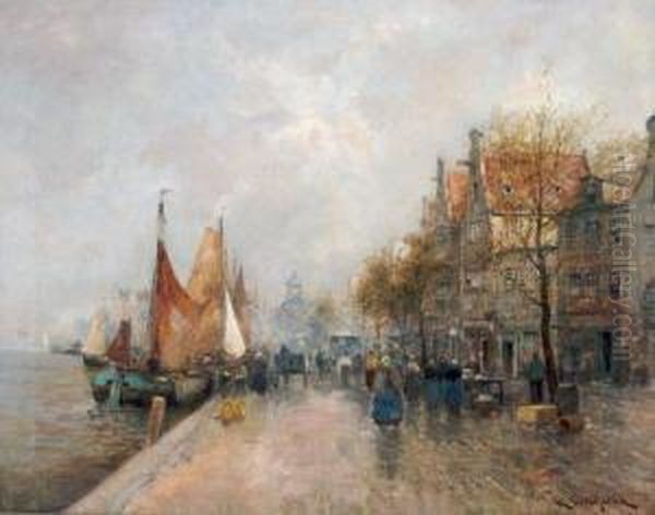 Village Scene With People And Canal Oil Painting by Carl Wagner