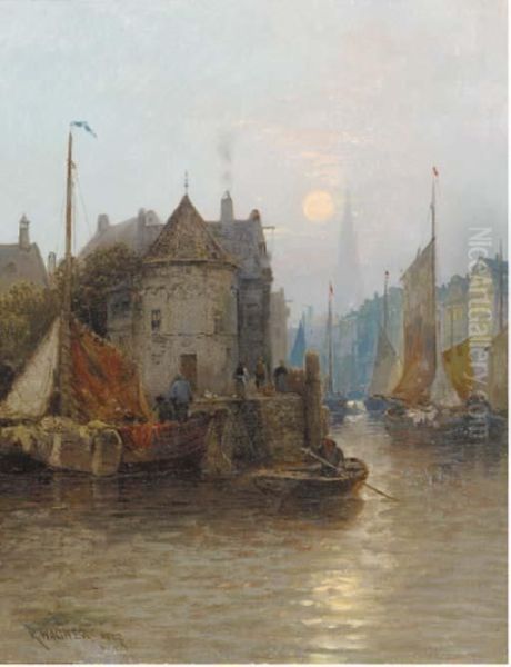 Mooring The Fishing Boats, Rotterdam Oil Painting by Carl Wagner