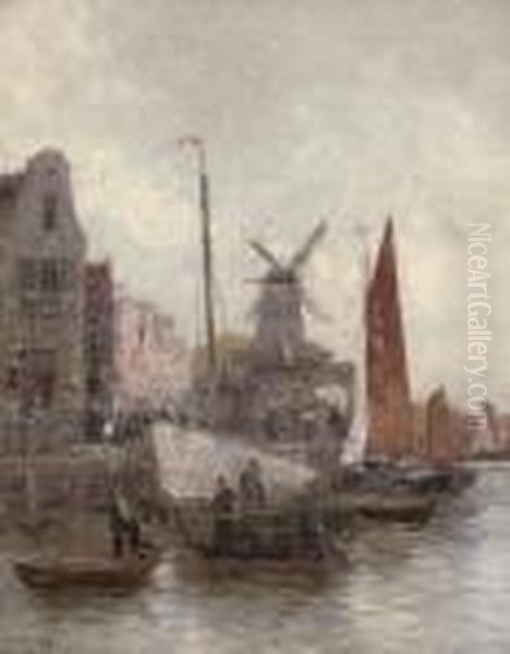 Vessels At A Continental Quay Oil Painting by Carl Wagner