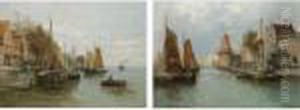 Windmill By The Water; Boats By The Riverbank: A Pair Oil Painting by Carl Wagner