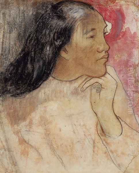 A Tahitian Woman With A Flower In Her Hair Oil Painting by Paul Gauguin