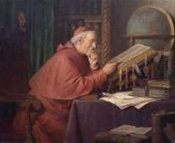 Readingcardinal In His Study Oil Painting by Josef Wagner-Hohenberg