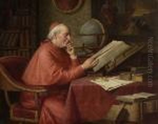 Kardinal Beim Studium In Der
 Bibliothek. Oil Painting by Josef Wagner-Hohenberg