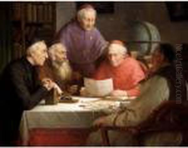 A Theological Discussion Oil Painting by Josef Wagner-Hohenberg