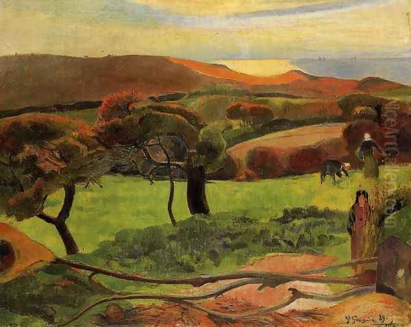 Breton Landscape Fields By The Sea Aka Le Pouldu Oil Painting by Paul Gauguin