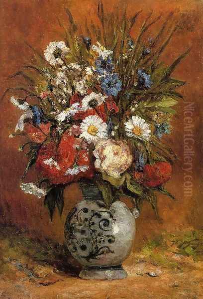 Daisies And Peonies In A Blue Vase Oil Painting by Paul Gauguin