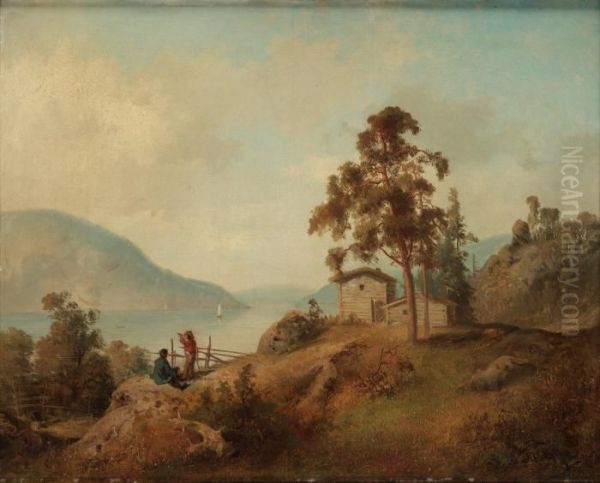 Afjord Landscape With Figures Oil Painting by Alfred Wahlberg