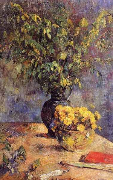 Two Vases Of Flowers And A Fan Oil Painting by Paul Gauguin