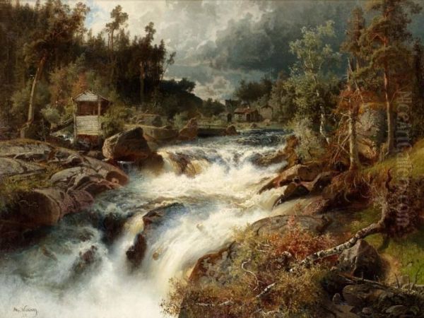 Landskap Med Fors. Signerad Alfr Oil Painting by Alfred Wahlberg