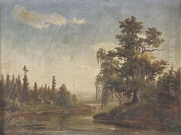 A Landscape With Distant Cabin Oil Painting by Alfred Wahlberg