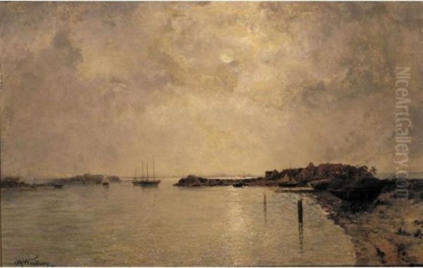 Coastal Village By Moonlight Oil Painting by Alfred Wahlberg