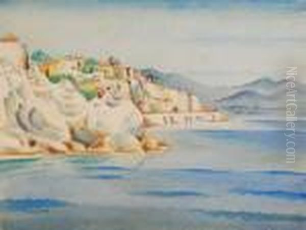 Mediterranean Coastal Scene With Buildings Close To The Shore And A Rocky Headland Oil Painting by Albert Wainwright