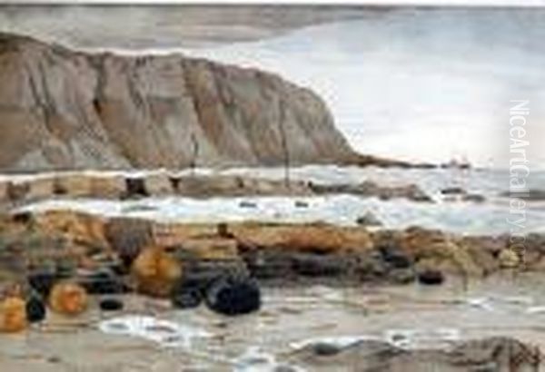 Coastal Landscape At Low Tide With Rocky Foreshore And Distant Boat Oil Painting by Albert Wainwright