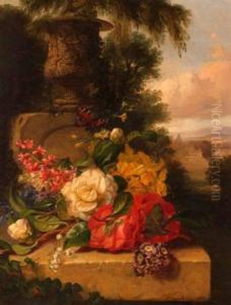 Still
Life Study Of Mixed Flowers And Butterfly On Marble Ledge Oil Painting by John Wainwright