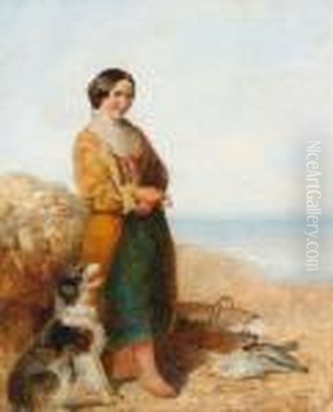 Young Fisherwoman With Dog On Beach Oil Painting by John Wainwright