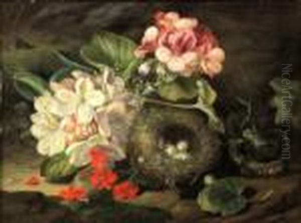 A Still Life Of Blossom And A Bird's Nest Oil Painting by John Wainwright