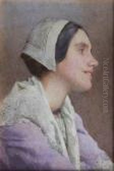 Portrait Of A Girl Wearing A Lilac Dress Witha White Lace Shawl And Cap Oil Painting by John Wainwright