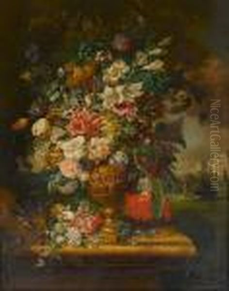 Still Life Of Mixed Flowers In An Urn, A Country House Beyond Oil Painting by John Wainwright