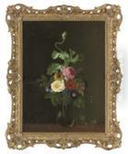 Roses, Convolvulus, And Morning Glory In A Glass Vase, On A Table Oil Painting by John Wainwright