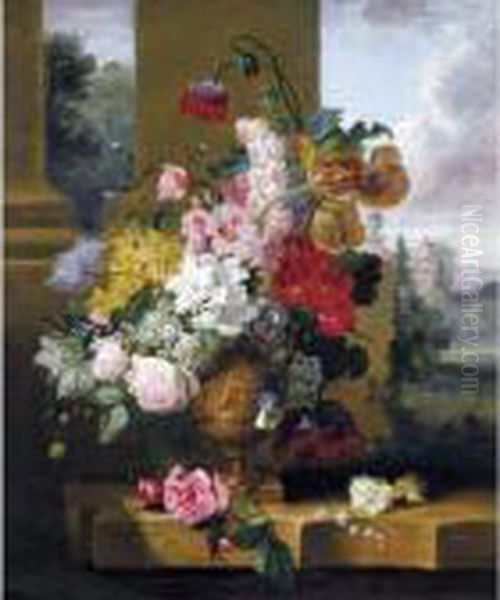 Still Life With Tulips, Roses 
And Lily Of The Valley With A Cabbage-white Butterfly In An Urn On A 
Marble Ledge Oil Painting by John Wainwright