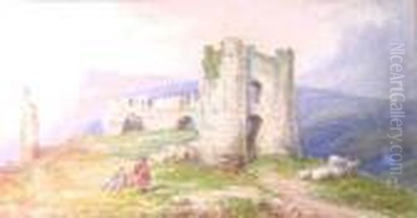 Figures Besides A Ruined Castle Oil Painting by John Wainwright