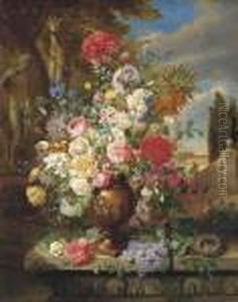 Roses, Lillies, Tulips, Poppies And Other Flowers In A Vase In A Classical Garden Oil Painting by John Wainwright