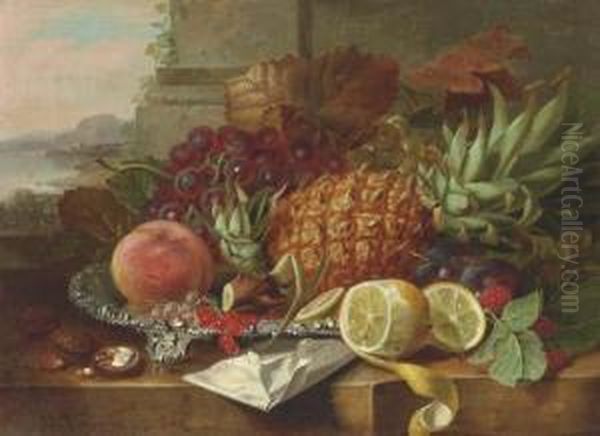 A Pineapple, Grapes, A Peach With Other Fruit On A Ledge, Alandscape Beyond Oil Painting by John Wainwright