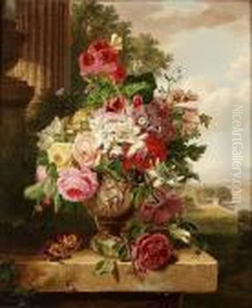 Still Life Of Flowers In An Urn On A Ledge, A Landscape Beyond Oil Painting by John Wainwright