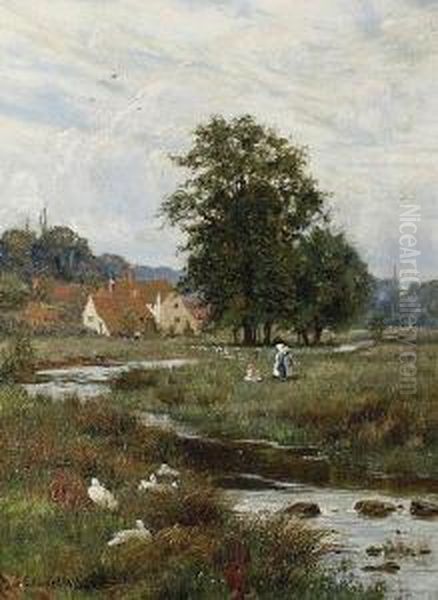 A Woman And Ducks Before A Cottage; Figures And Ducks Seated Beside A Stream Oil Painting by Edward Wilkins Waite