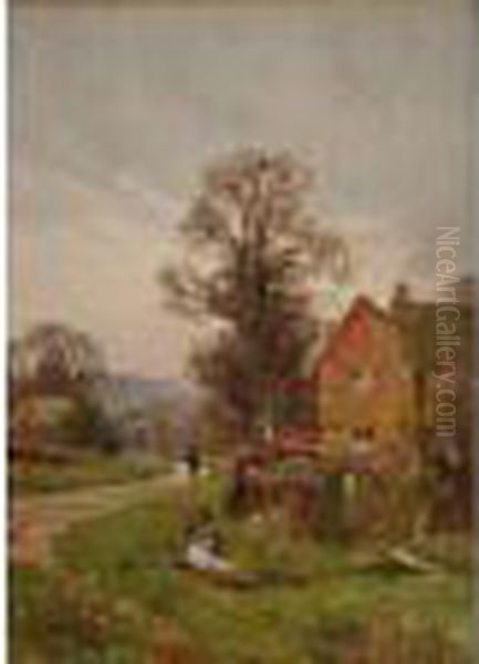 Figure On A Path By A Farmhouse Oil Painting by Edward Wilkins Waite