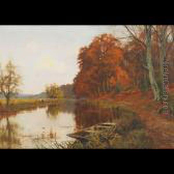 Autumn River Scene With Moored Boat Oil Painting by Edward Wilkins Waite