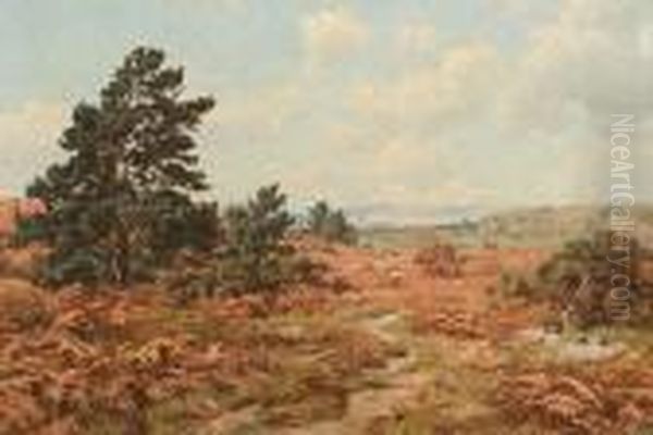 Heathland Landscape With Men Cutting Bracken And Horse And Cart Oil Painting by Edward Wilkins Waite