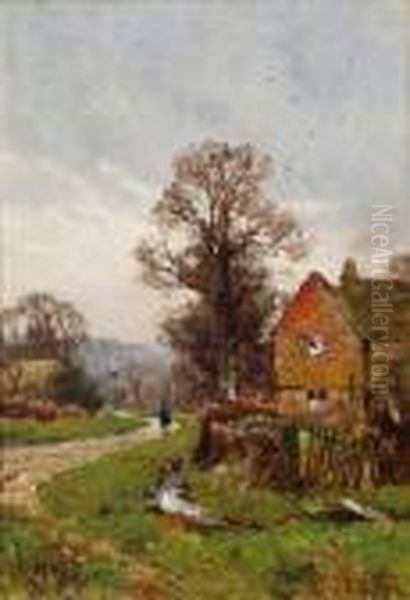 A Woman Walking Along A Village Lane Oil Painting by Edward Wilkins Waite