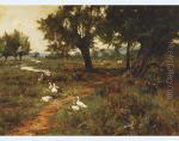 Geese And Cows In A Wooded River Landscape Oil Painting by Edward Wilkins Waite