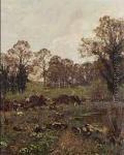 Figures Resting Beside A Pond. Oil Painting by Edward Wilkins Waite